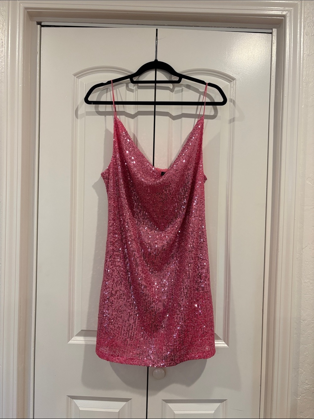 Pink Sequin Cowl Neck Mini Dress